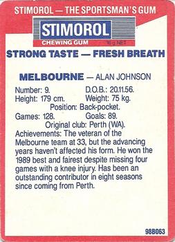 1990 AFL Scanlens Stimorol #41 Alan Johnson Back